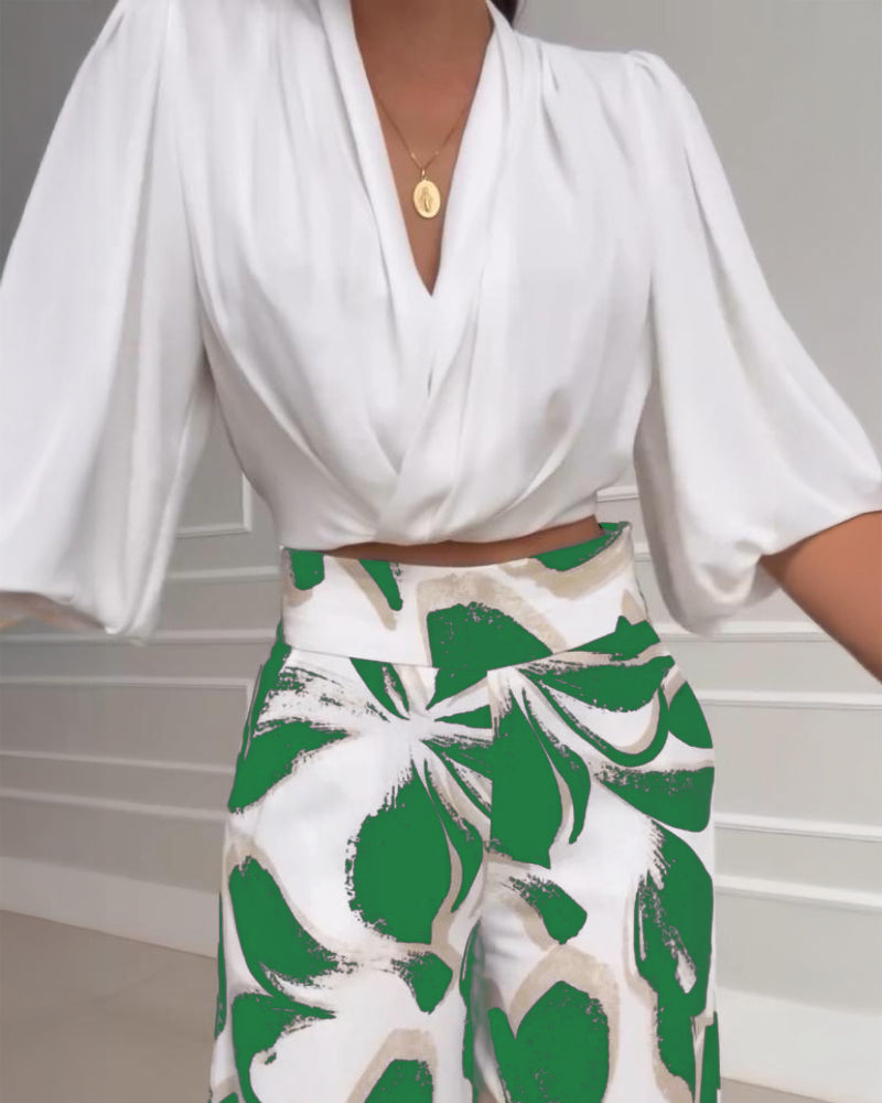 2 Pieces Outfit Wrap Plunge V Neck Crop Blouse and Casual Floral Print Wide Leg Pants Set