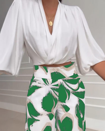 2 Pieces Outfit Wrap Plunge V Neck Crop Blouse and Casual Floral Print Wide Leg Pants Set