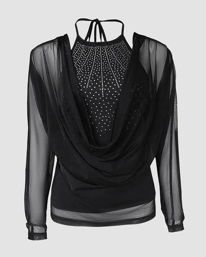 Rhinestone Decor Halter Tie Cowl Neck Long Sleeve Tee Casual Sheer Mesh Spliced Backless Top