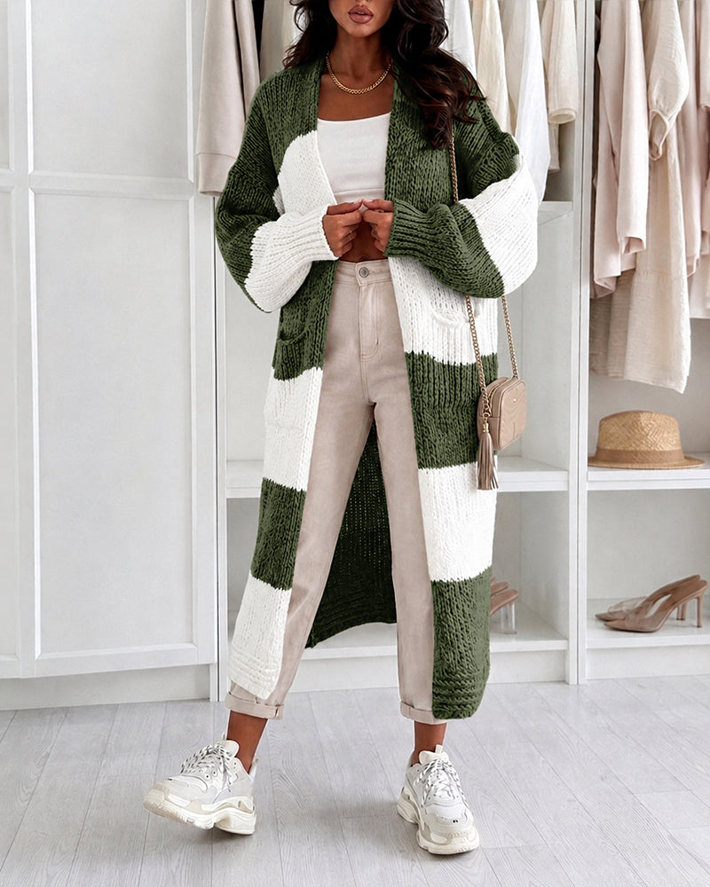 Women's Checkerboard Knit Cardigan Oversized Long Chunky Sweater Loose Lantern Sleeve Coat with Pockets