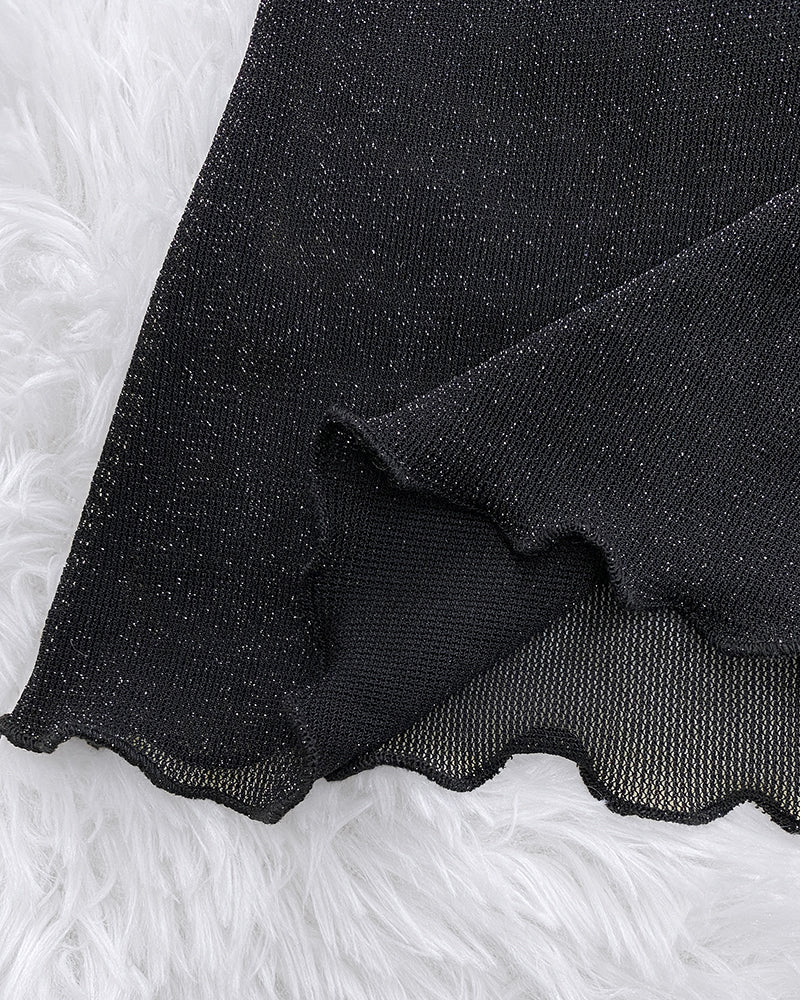 Glitter Lurex Mock Neck T Shirt Casual Sheer Mesh Slim Fit Blouse Top