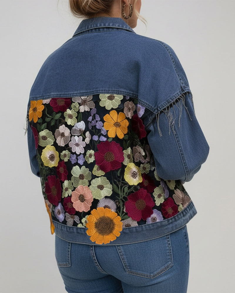 Colorblock 3D Flower Lace Embroidery Patch Denim Coat Casual Turn-down Collar Jacket