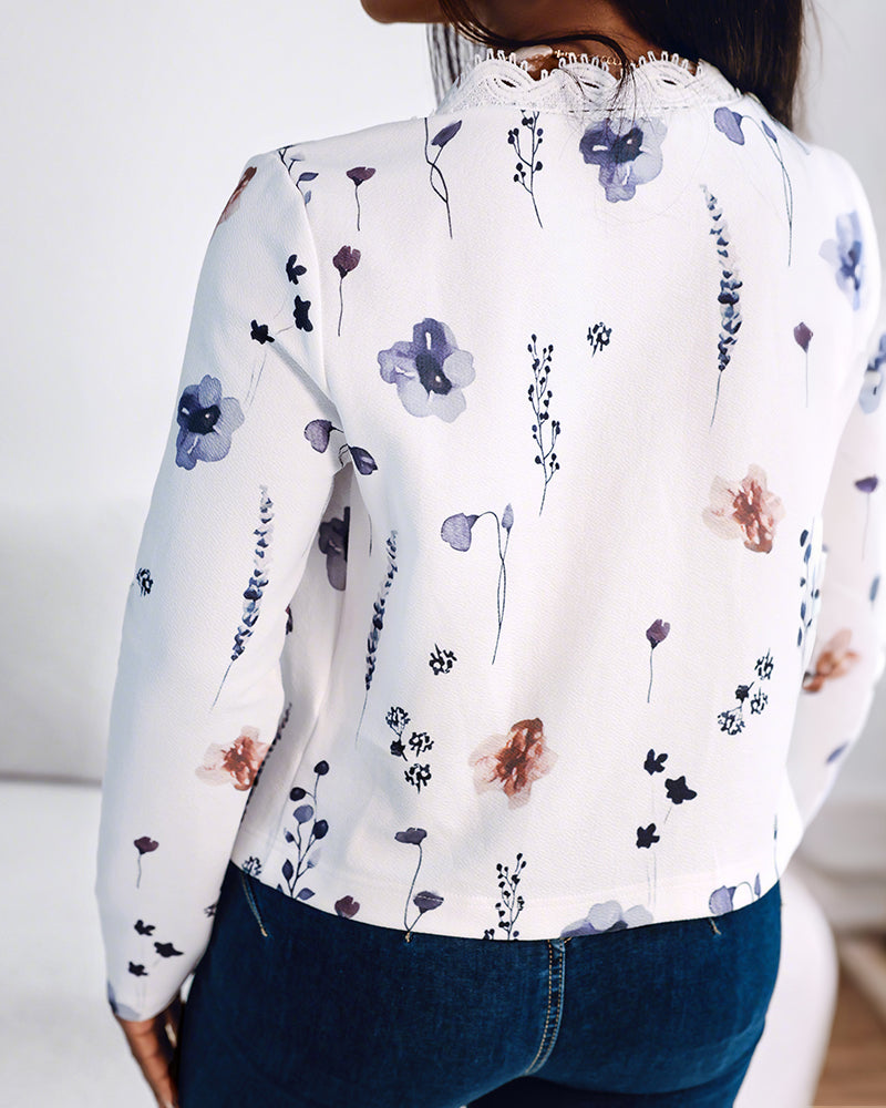 Floral Print Open Front Long Sleeve Casual Contrast Lace Short Cardigan
