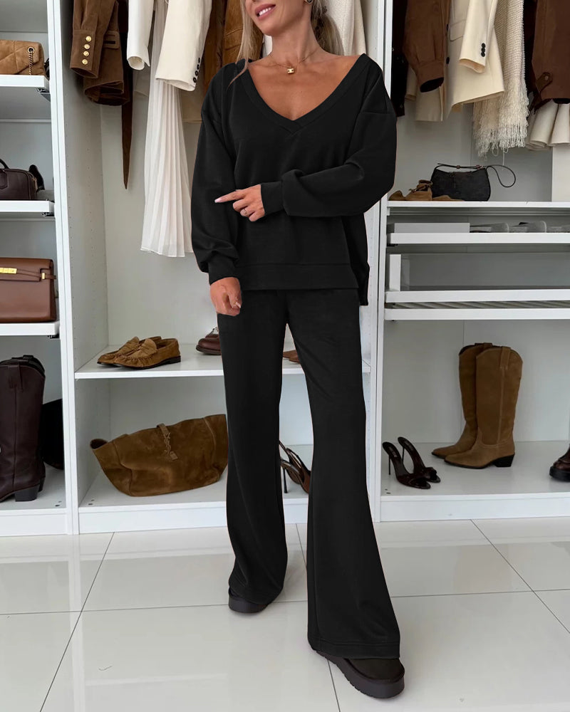 2 Pieces Outfit Plunge V Neck Pullover Sweatshirt and Casual Drawstring Waist Wide Leg Pants Set