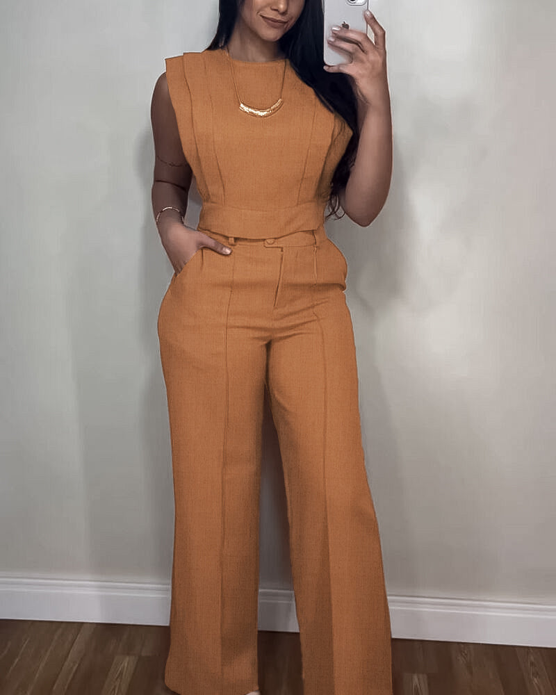 2 Pieces Outfit 3D Cutting Decor Design Cap Sleeve Hollow out Back Crop Top Casual Zipper Fly Seam Front Straight Pants Set