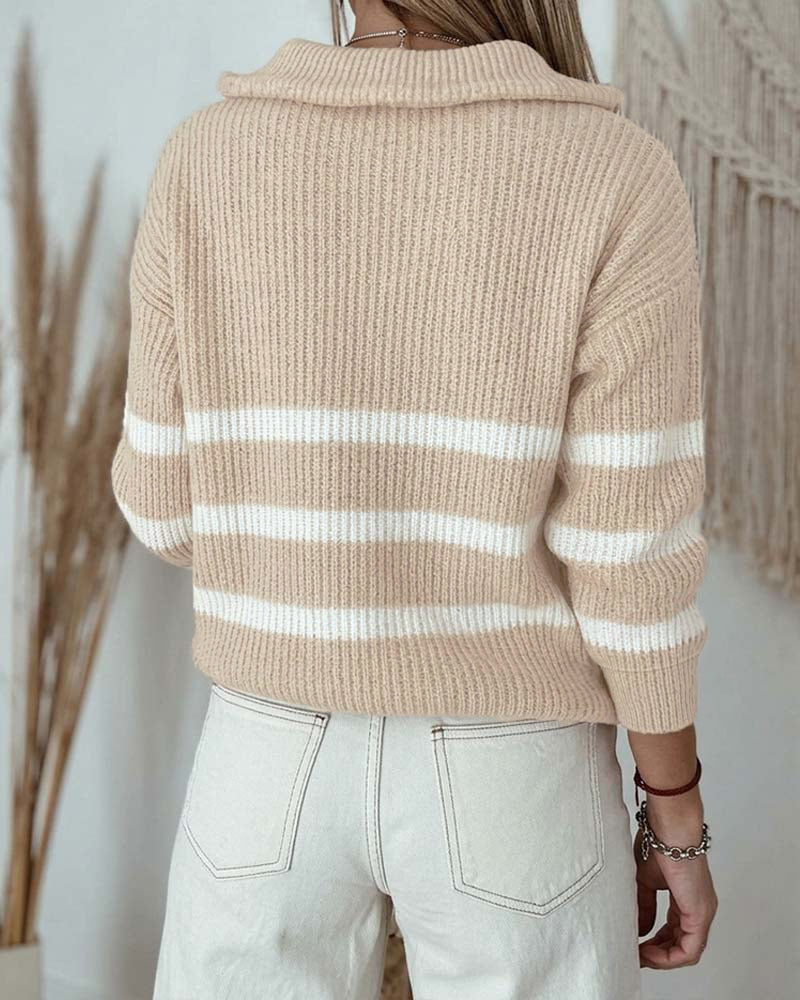 Women's Half Zip Striped Sweater Colorblock Turn-down Collar Knit Pullover Drop Shoulder Loose Fit Top