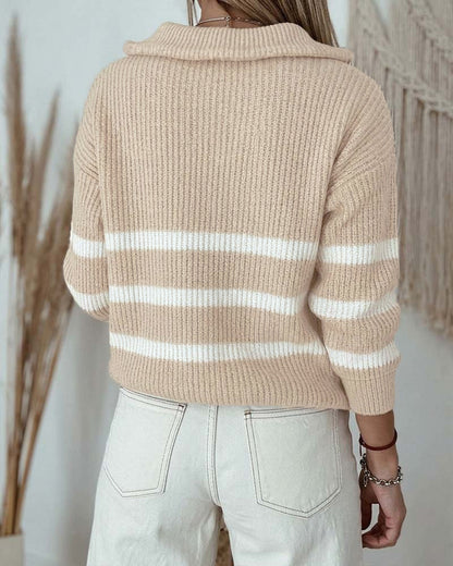 Women's Half Zip Striped Sweater Colorblock Turn-down Collar Knit Pullover Drop Shoulder Loose Fit Top