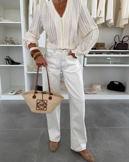 Women's V Neck Hollow Out Lace Shirt Sheer Mesh Lantern Long Sleeve Blouse Crochet Loose Casual Top