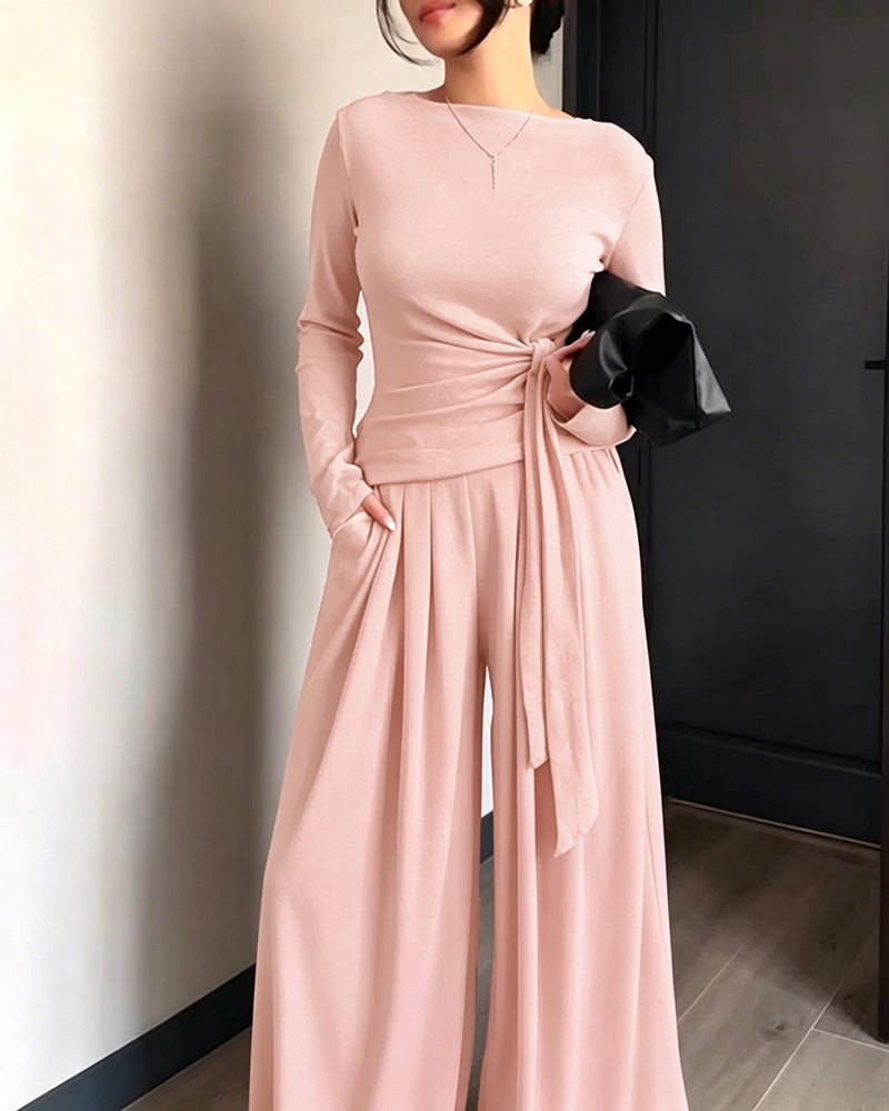 Women's 2 Piece Knit Lounge Set Long Sleeve Tie Waist Top and High Waisted Wide Leg Pants Casual Soft Sweatsuit with Pockets