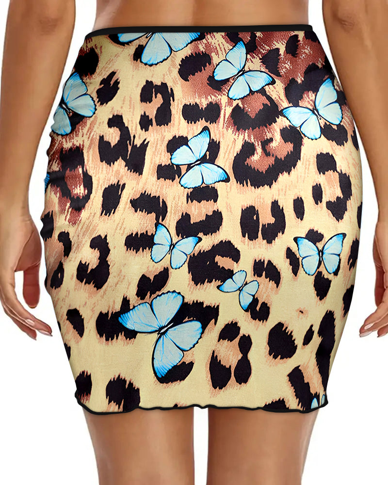 Leopard and Butterfly Pattern Asymmetrical Hem Slim Fit Drawstring Ruch Skirt Swim Skirt