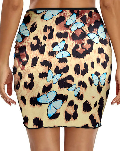 Leopard and Butterfly Pattern Asymmetrical Hem Slim Fit Drawstring Ruch Skirt Swim Skirt