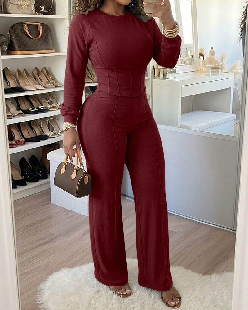 2 Pieces Outfit O-neck Long Sleeve Cinched Waist Sweatshirt and Elastic Waist Wide Leg Pants Set Casual Seam Design Sweatpants Set
