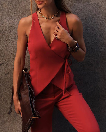 2 Pieces Outfit Plunge V Neck Waist Lace Up Vest and Casual High Waist Straight Pants Set