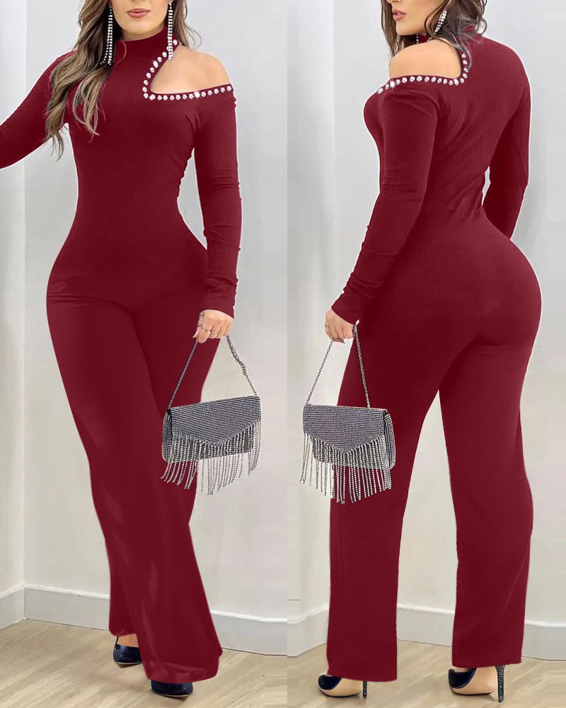 Women's Cold Shoulder Rhinestone Long Sleeve Jumpsuit Mock Neck Flare Leg Overalls