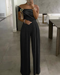 Cold Shoulder Ruched Buckle Wide Leg Jumpsuit