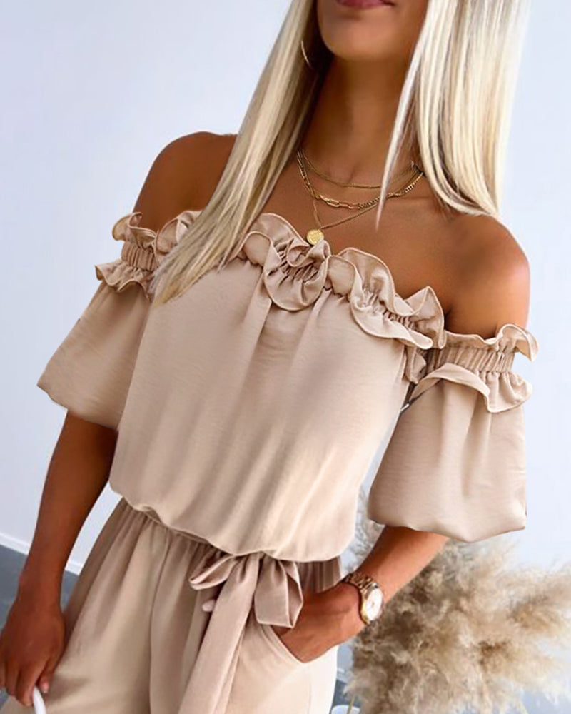 Off Shoulder Frill Hem Tied Detail Jumpsuit