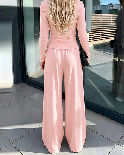 Women's 2 Piece Knit Lounge Set Long Sleeve Tie Waist Top and High Waisted Wide Leg Pants Casual Soft Sweatsuit with Pockets