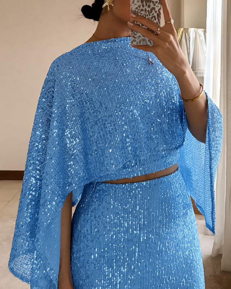 Women's 3 Piece Sequin Set Asymmetrical Poncho Top and High Waist Bodycon Skirt with Crop Cami Top