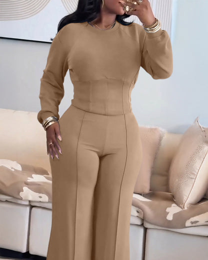 2 Pieces Outfit O-neck Long Sleeve Cinched Waist Sweatshirt and Elastic Waist Wide Leg Pants Set Casual Seam Design Sweatpants Set