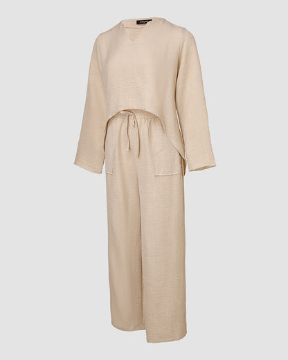 2 Piece Notch Neck Long Sleeve Asymmetrical Hem Tops Stretchy Waist Straight Leg Pants Lounge Sets Tracksuit
