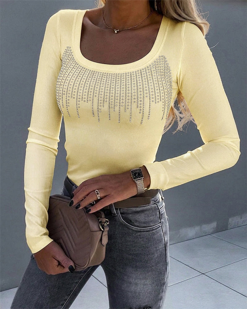 Women's Square Neck Long Sleeve Top Rhinestone Ribbed Knit Shirt Slim Fit Casual Sparkly Tee