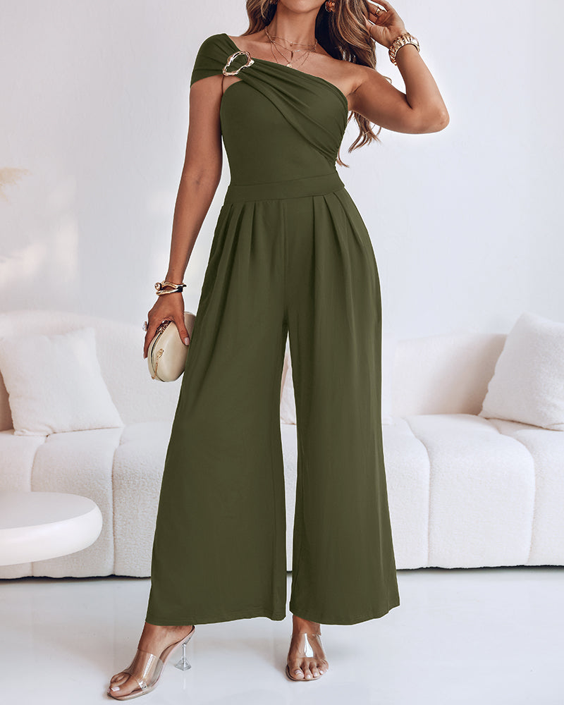 Cold Shoulder Ruched Buckle Wide Leg Jumpsuit
