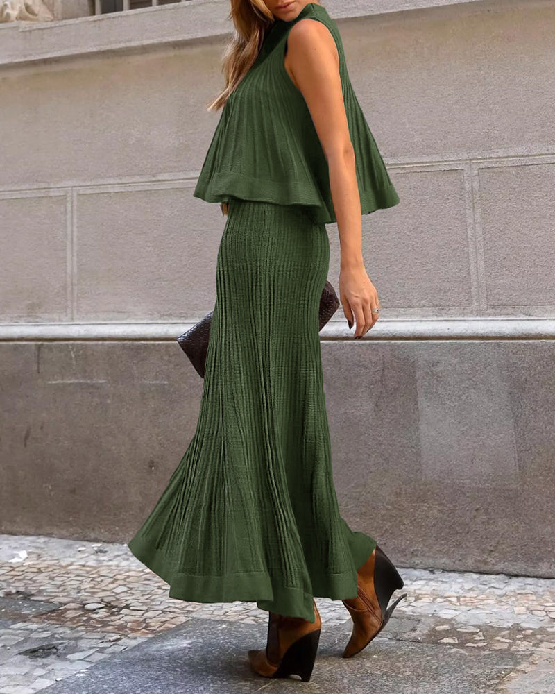2 Pieces Outfit Sleeveless Loose A Line Pleated Knit Tank and High Waist Midi Fishtail Skirt Set