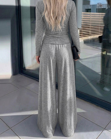 Women's 2 Piece Knit Lounge Set Long Sleeve Tie Waist Top and High Waisted Wide Leg Pants Casual Soft Sweatsuit with Pockets
