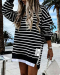 Women's Striped Sweatshirt Dress Long Sleeve Crew Neck Casual Pullover Side Zipper Trendy Streetwear
