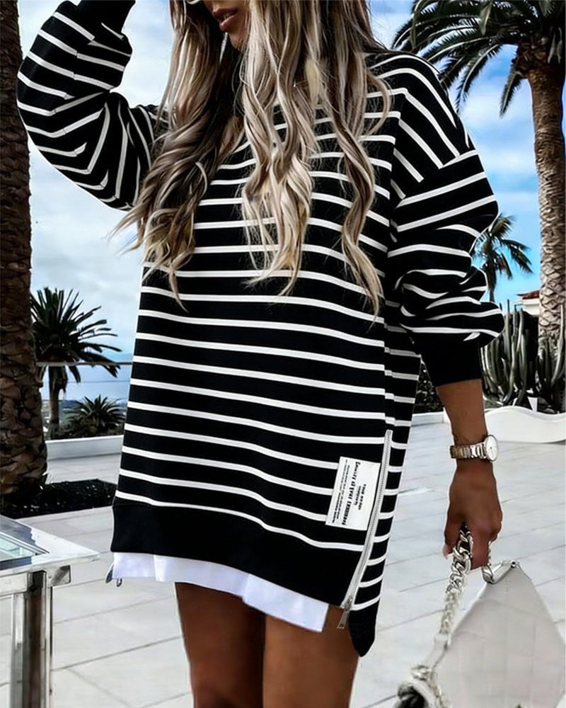 Women's Striped Sweatshirt Dress Long Sleeve Crew Neck Casual Pullover Side Zipper Trendy Streetwear