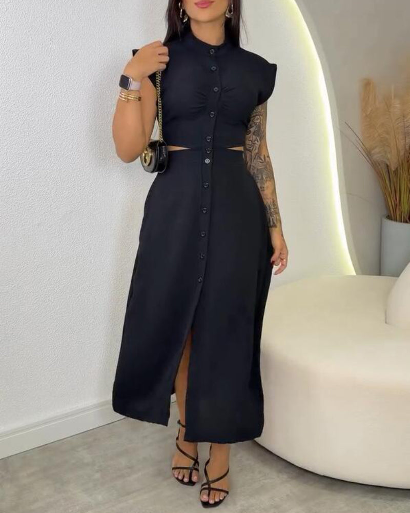 Solid Color Cutout Button Down Elastic Waist Back Versatile Casual Dress Vocation Maxi Dress
