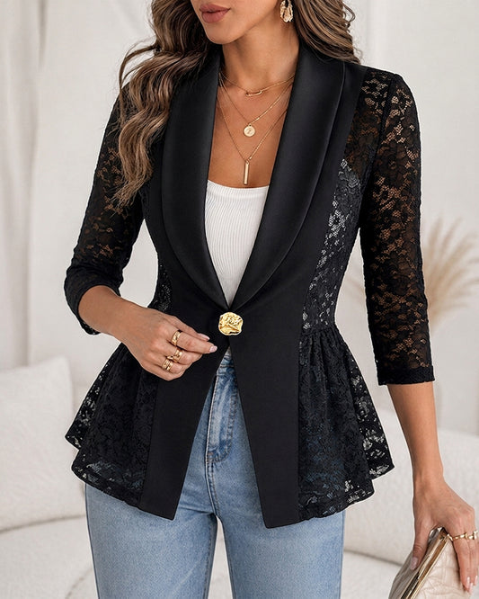 Blazer elegante con detalles de encaje para mujer, abrigo con solapas tipo chal, peplum, cierre de un botón y mangas tres cuartos