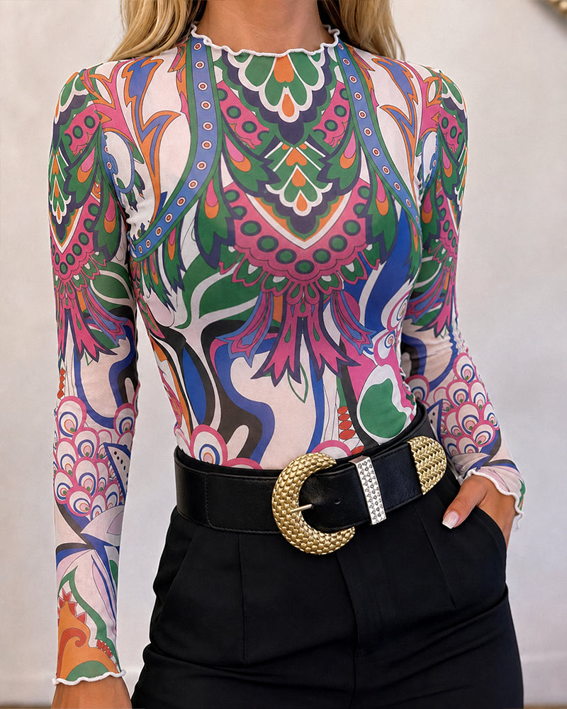 Women's Vintage Abstract Print Sheer Mesh Top Frill Trim Mock Neck Long Sleeve Tee