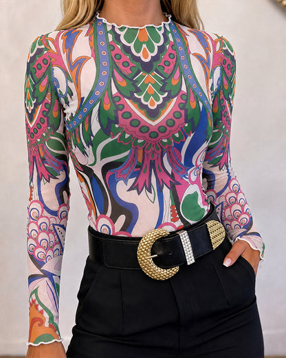 Women's Vintage Abstract Print Sheer Mesh Top Frill Trim Mock Neck Long Sleeve Tee