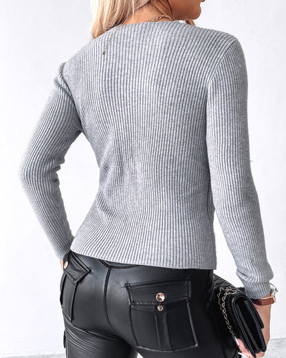 Overlap V-Neck Ruched Side Button Decor Knit Sweater Slim Fit Ribbed Pullover Top