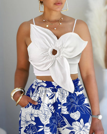 2 Pieces Outfit 3D Flower Decor Asymmetrical Neck Spaghetti Strap Top and Casual Floral Print Wide Leg Pants Set