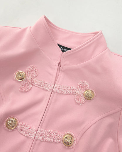 Stand Collar Frog Front Button Long Sleeve Fake Pockets Coat Casual Jackets