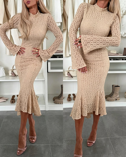 Women's Elegant Lace Mock Neck Bodycon Dress Slim Fit Flare Long Sleeve Mermaid Dress Evening Gown