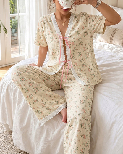 Women's 2 Piece Ditsy Floral Lace Trim Pajamas Set Tie Front Top and Wide Leg Pants Casual Loungewear