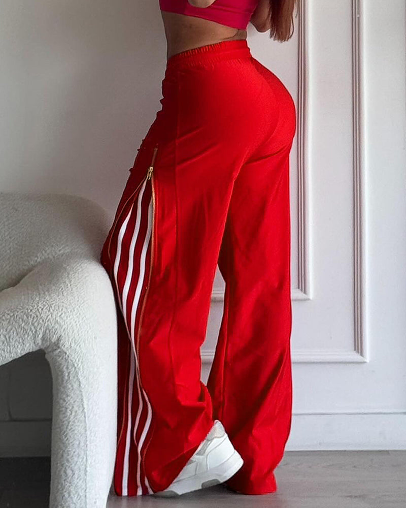 Contrast Side Striped & Zipper Slit Side Drawstring Elastic Waist Trousers Casual Wide Leg Pants