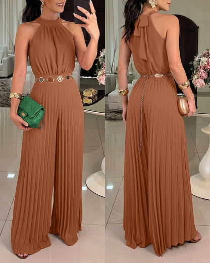 CHICME Women's Halter Tie Wide Leg Jumpsuit Pleated High Waist One-Piece Romper Elegant Sleeveless Evening Party Jumpsuit without Waist Chain