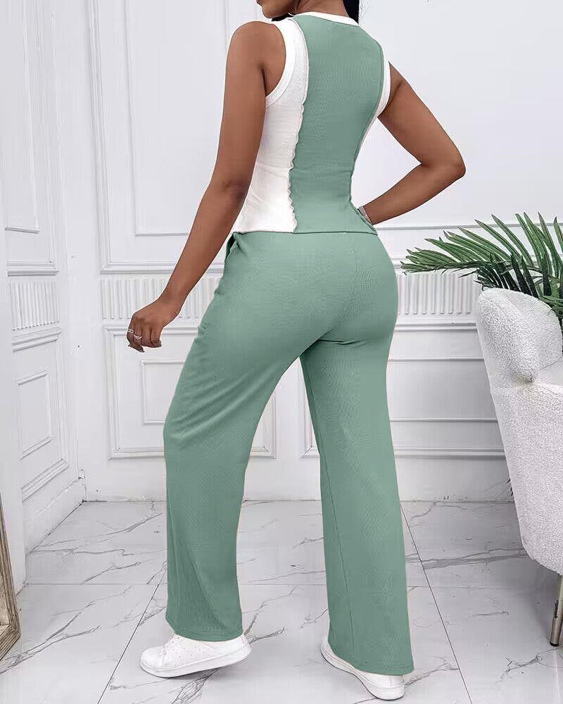 2 Pieces Outfit O-neck Slim Fit Tank Top and Drawstring Elastic Waist Straight Leg Pants Set Casual Colorblock Ribbed Set