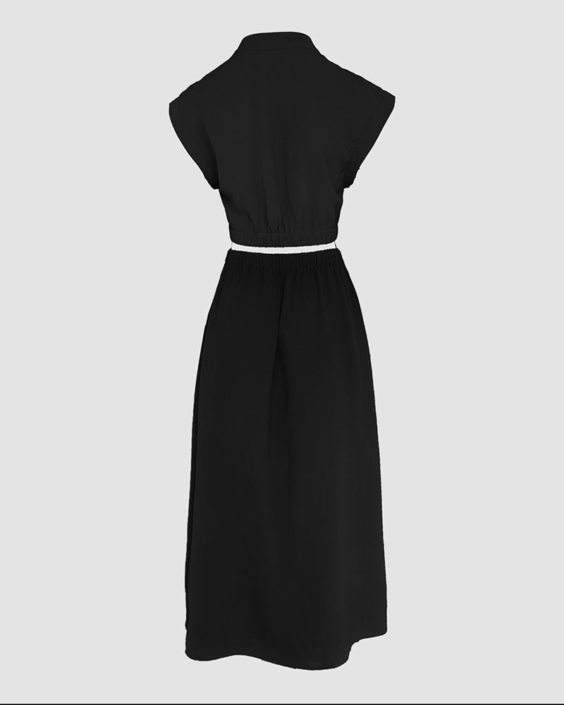 Solid Color Cutout Button Down Elastic Waist Back Versatile Casual Dress Vocation Maxi Dress