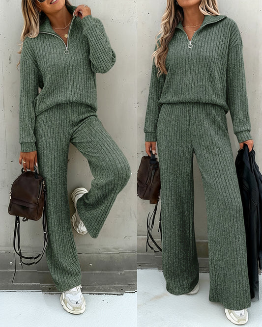 2 Pieces Outfit Turn-down Collar Long Sleeve Drop Shoulder Half Zipper Front Top and Elastic Waist Pants Set Casual Brushed Ribbed Set