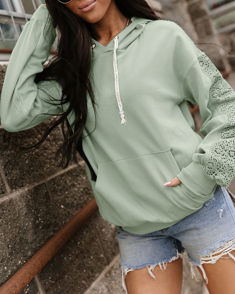 Women's Lace Splice Hoodie Drawstring Pullover Sweatshirt with Kangaroo Pocket