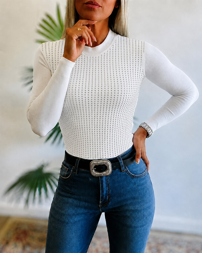 Women's Rhinestone Sparkle Ribbed Long Sleeve Crewneck Top