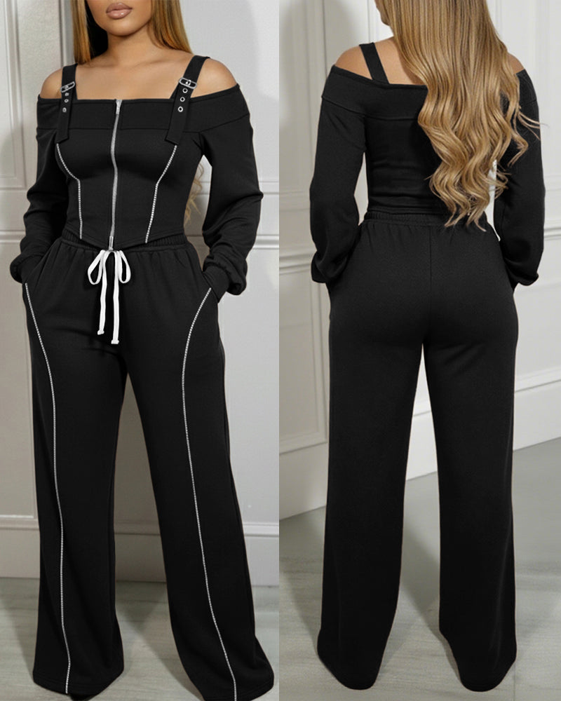 2 Pieces Outfit Trendy Long Sleeve Cold Shoulder Top and Drawstring Waist Pants with Pockets