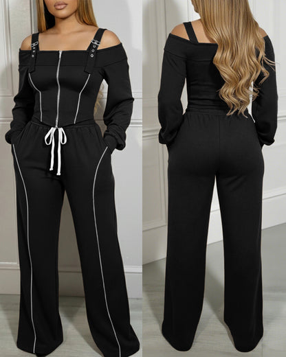 2 Pieces Outfit Trendy Long Sleeve Cold Shoulder Top and Drawstring Waist Pants with Pockets