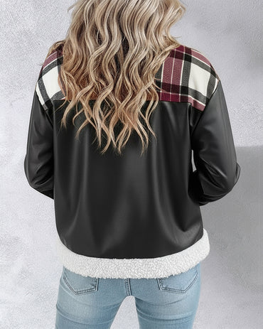 PU Leather Plaid Print Spliced Turn-down Collar Button Front Thermal Lined Jacket Casual Faux Shearling Trim Flap Pockets Design Crop Warm Coat