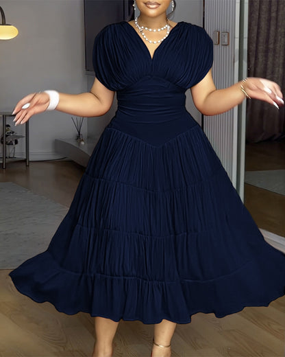 Textured V Neck Sleeveless Ruched Ruffles Hem Dress Casual Waist A Line Party Midi Dress